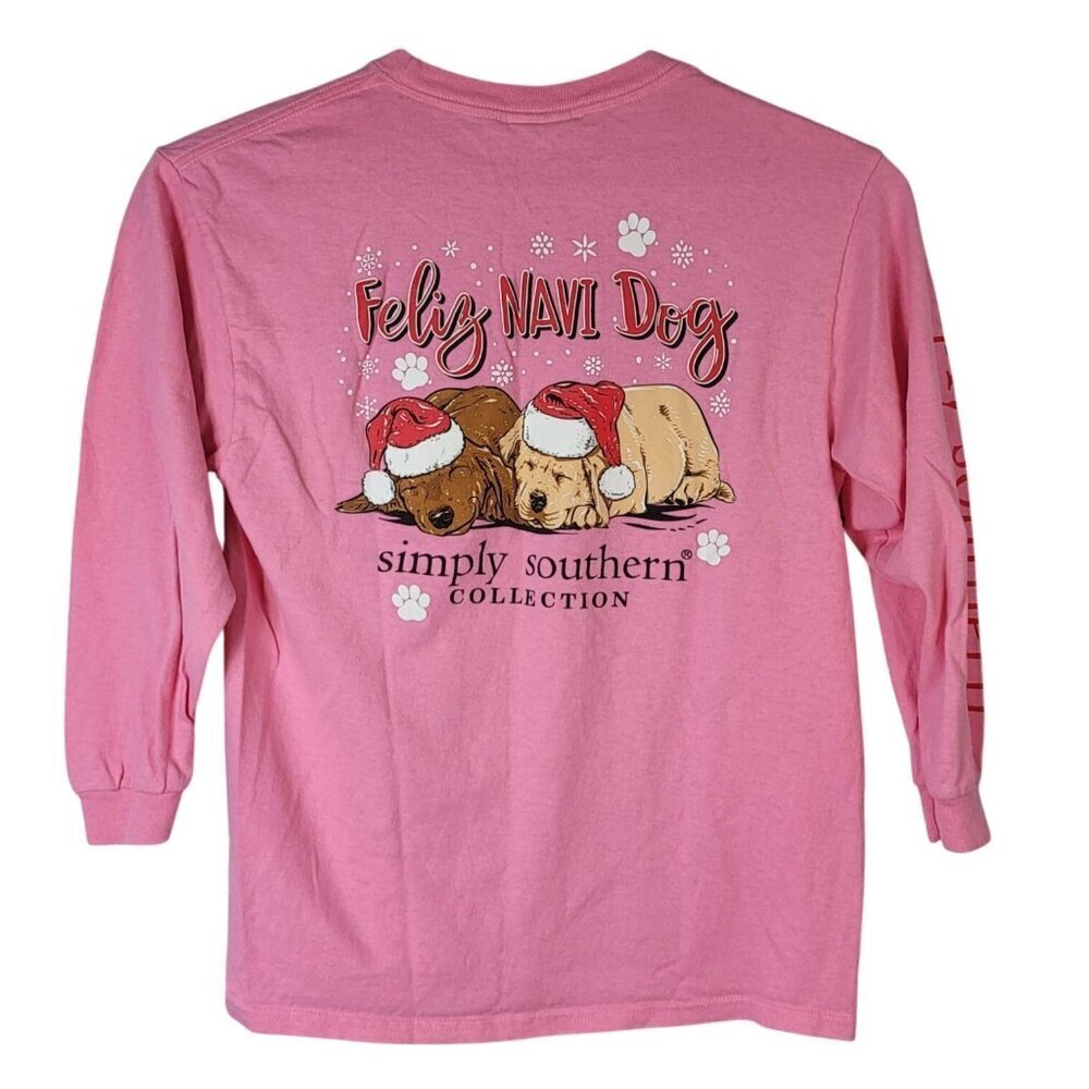 Simply Southern Girls Christmas T Shirt Pink Medium Long Sleeve Feliz Navi Dog